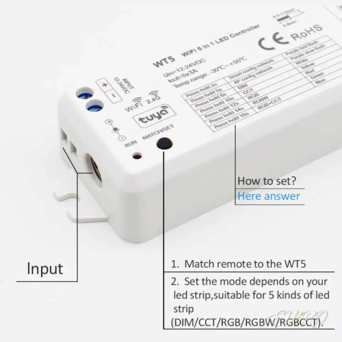 Контроллер WI-Fi+RF 2.4G 5in1 управление приложением, 150-300W, 12-24V, 15А  (до 25 м.п. Led ленты 24V, 10W)